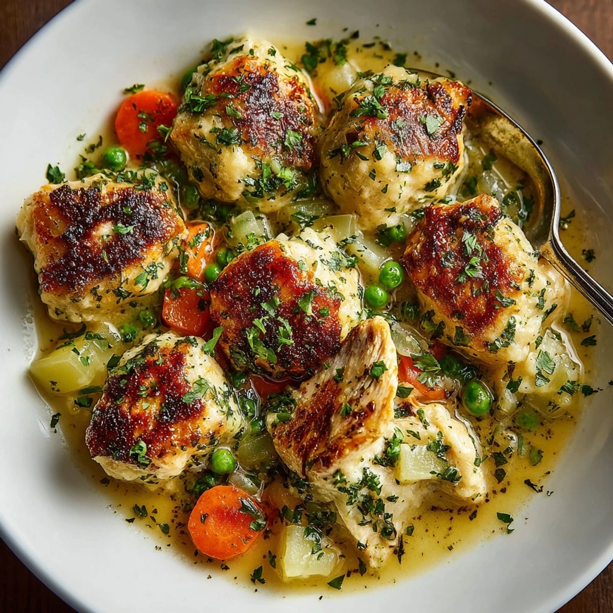 Hearty Chicken and Dumplings Skillet served steaming hot in a rustic cast iron pan.