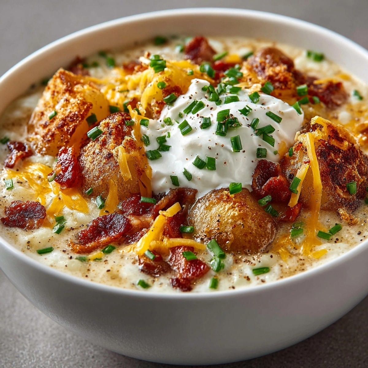 Loaded Baked Potato Soup served steaming in a rustic bowl, topped with cheddar, bacon, and chives.