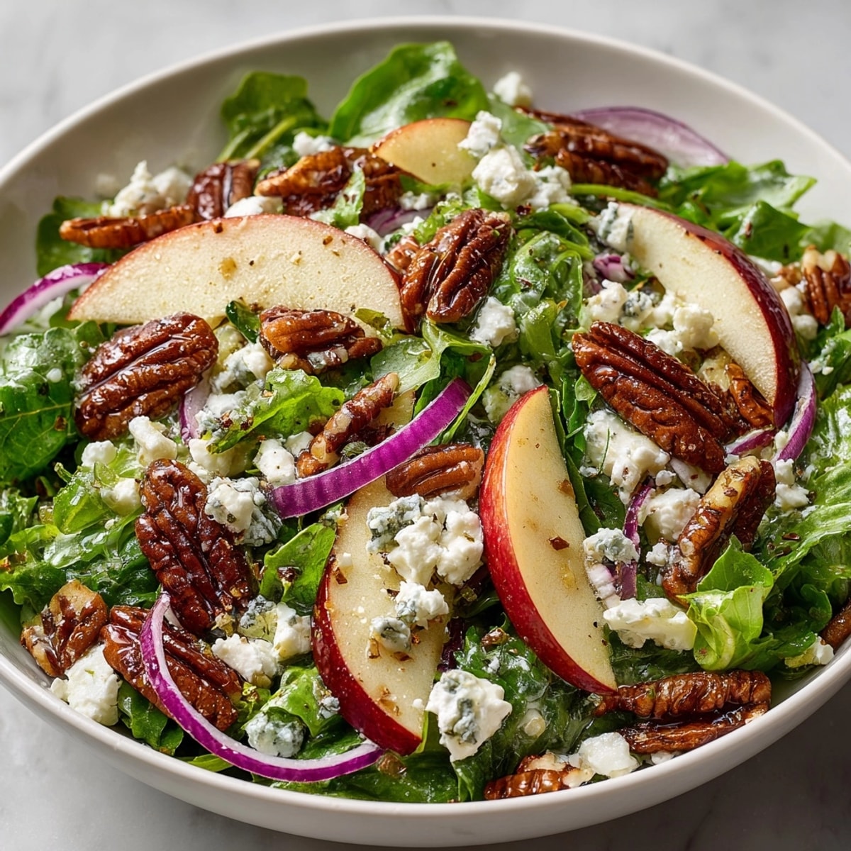 Fresh Apple Pecan Salad bursting with crisp apples, toasted pecans, and tangy pickle vinaigrette.