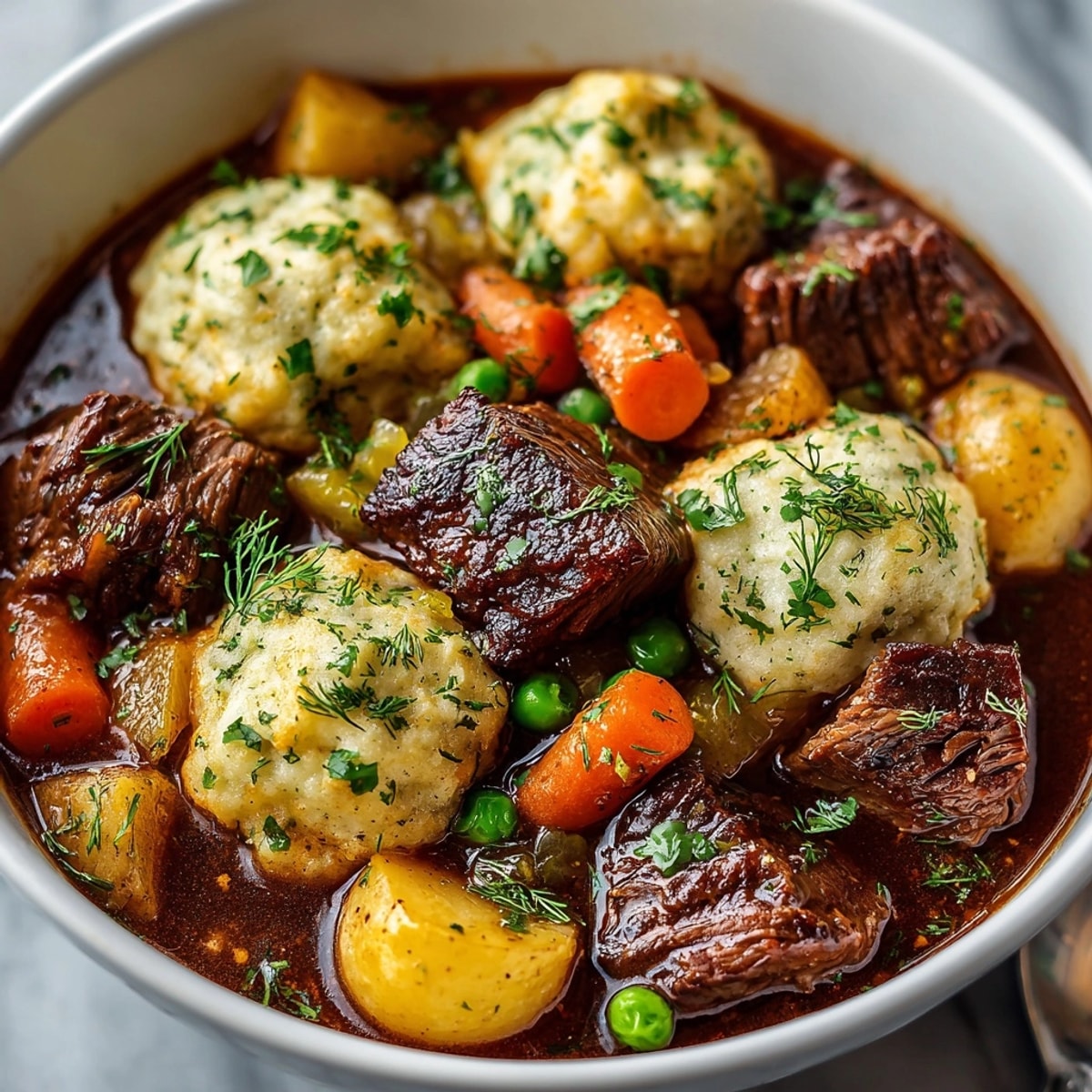 Tender beef stew with pickle herb dumplings: a steaming bowl of comfort, ready to enjoy.