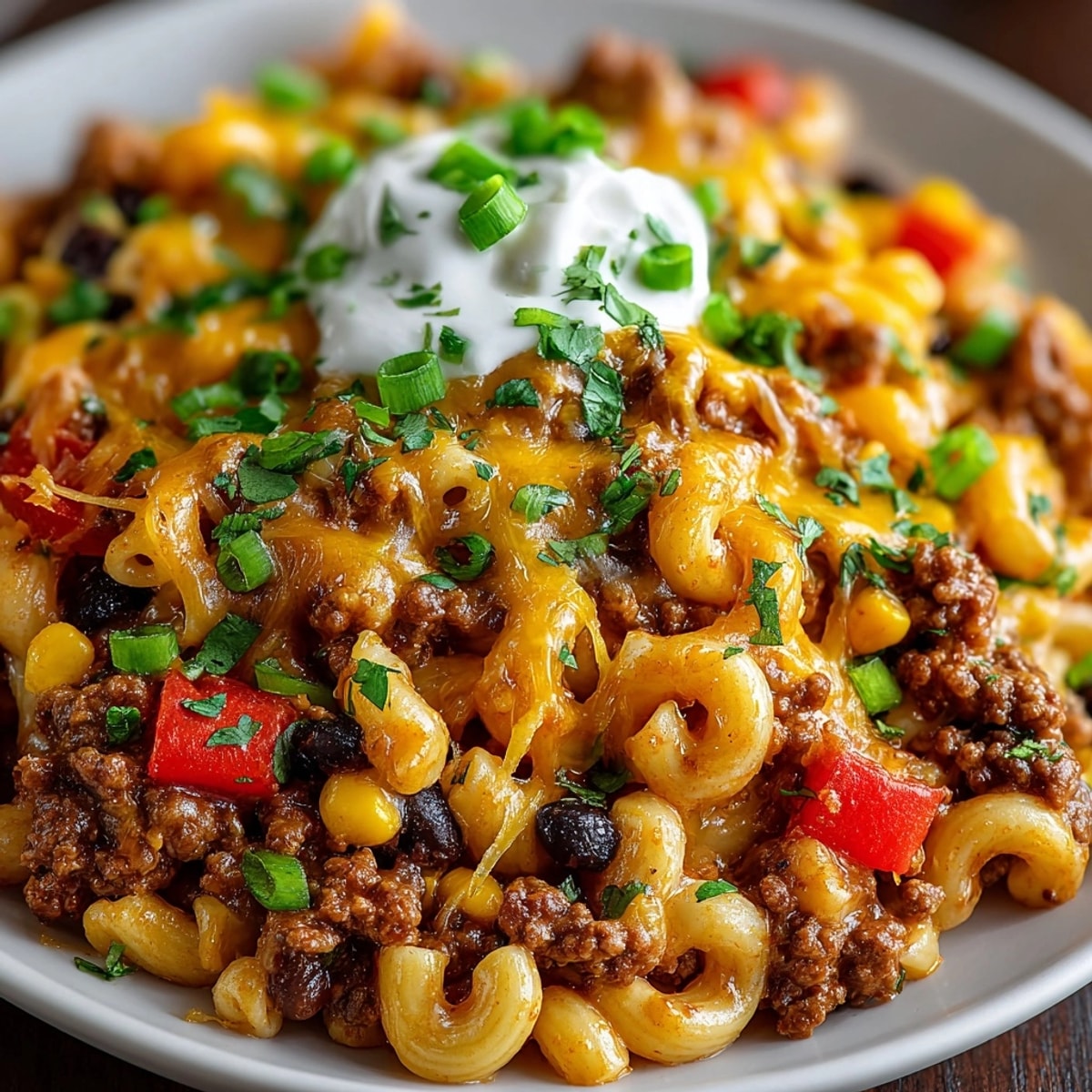 Steam rising from a cheesy skillet of One-Pot Taco Chili Mac, ready to serve.