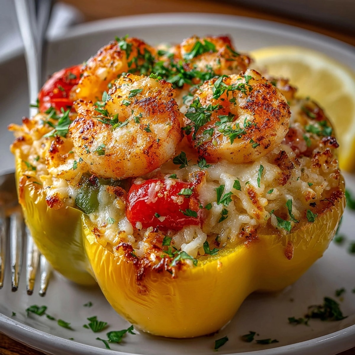 Colorful shrimp and rice stuffed peppers fresh from the oven, with melted cheese topping.