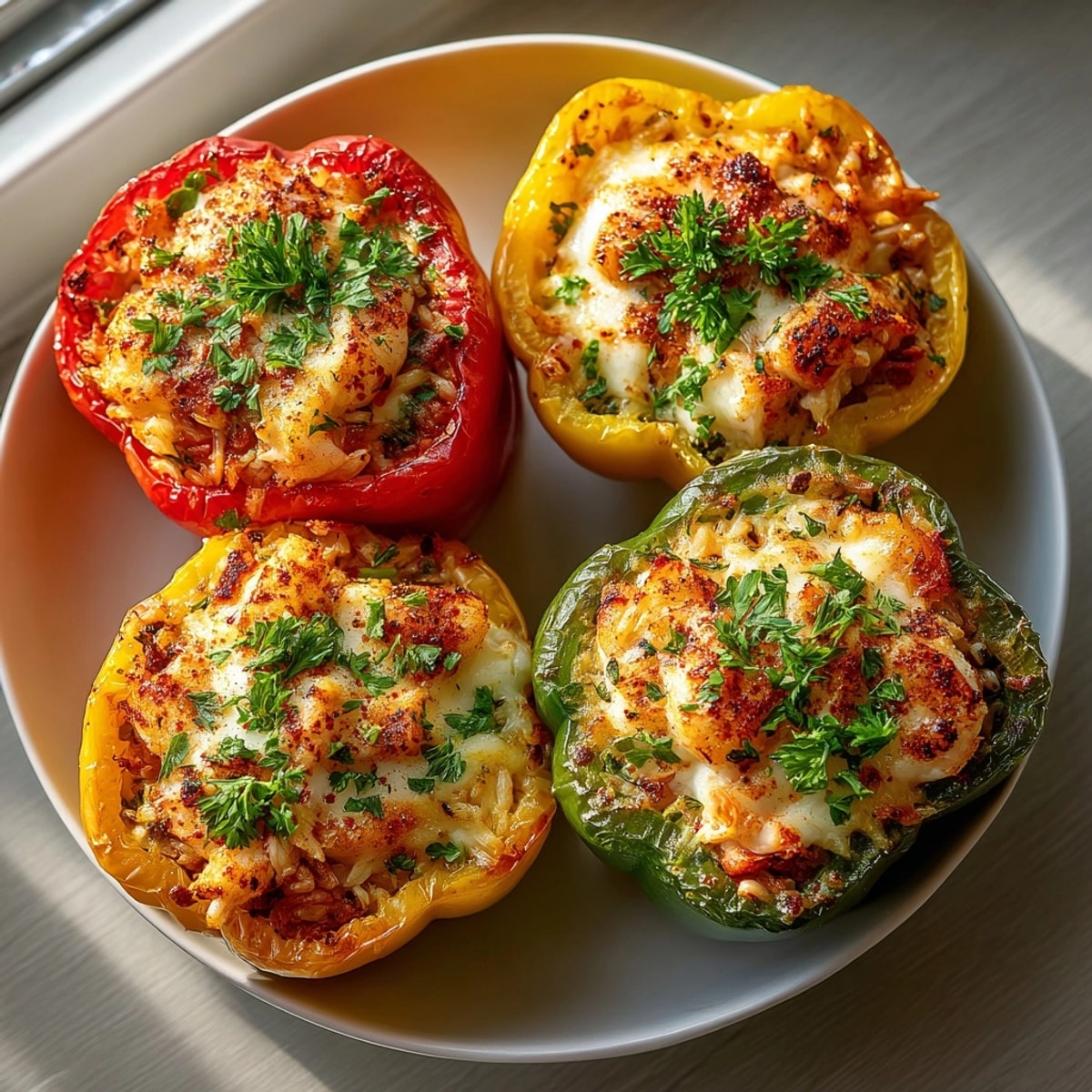 American-style shrimp and rice stuffed peppers in a baking dish, steaming and packed with flavor.