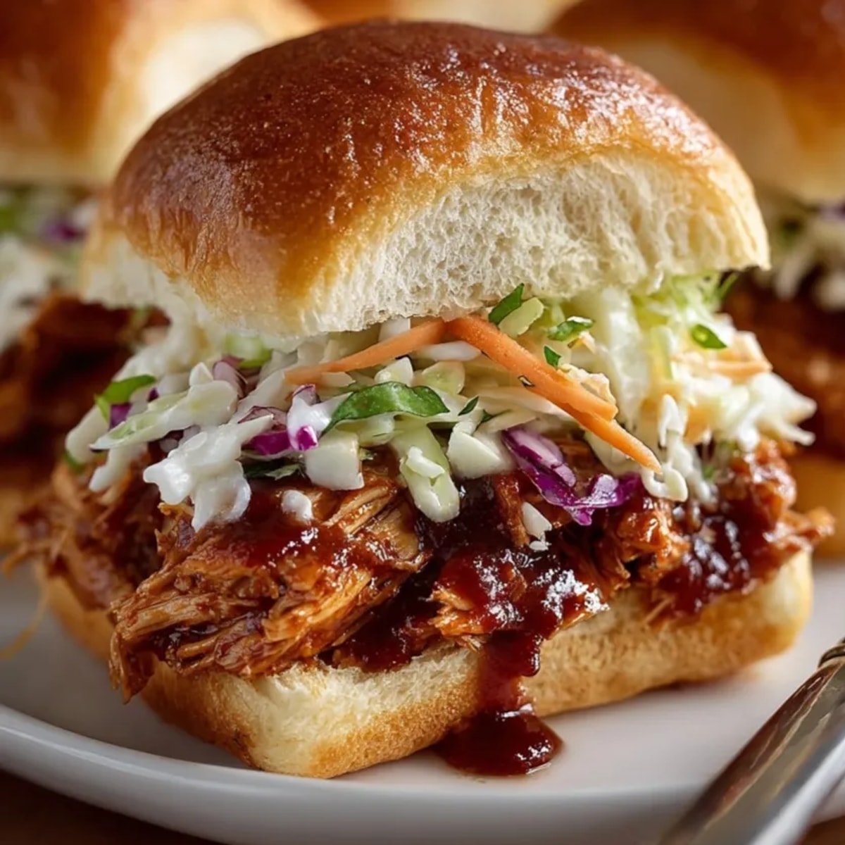 BBQ chicken sliders with tangy coleslaw stacked on slider buns, ready for serving.