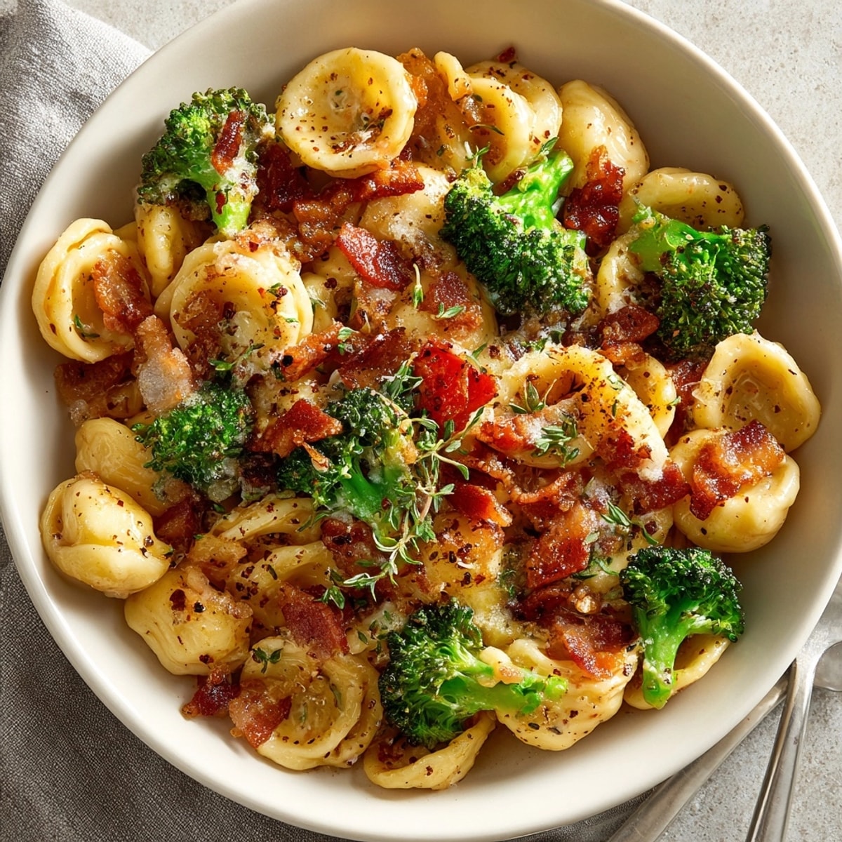 Spicy Bacon Broccoli Orecchiette topped with crispy bacon, creamy sauce, and tender broccoli florets.