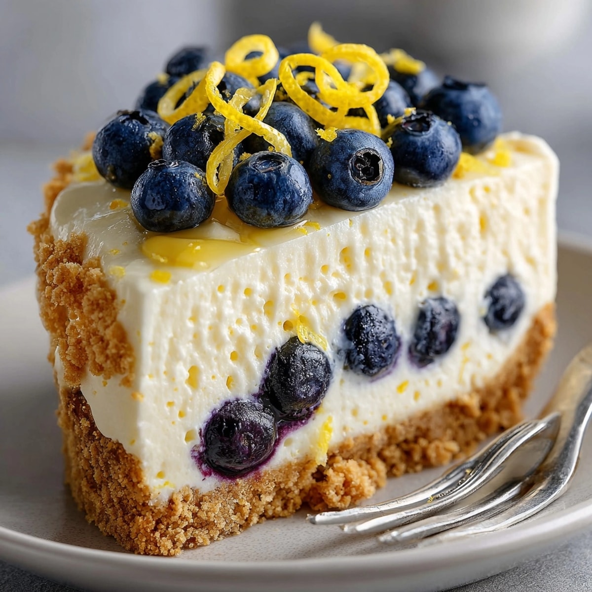 No-Bake Lemon Blueberry Cream Cake topped with fresh blueberries and bright lemon zest on a plate