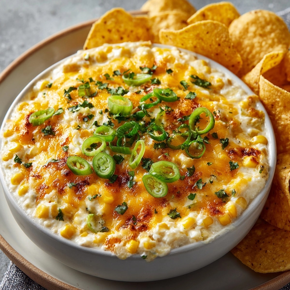Cheesy Jalapeño Corn Dip with Tortilla Chips bubbling in a rustic dish, served warm and golden.