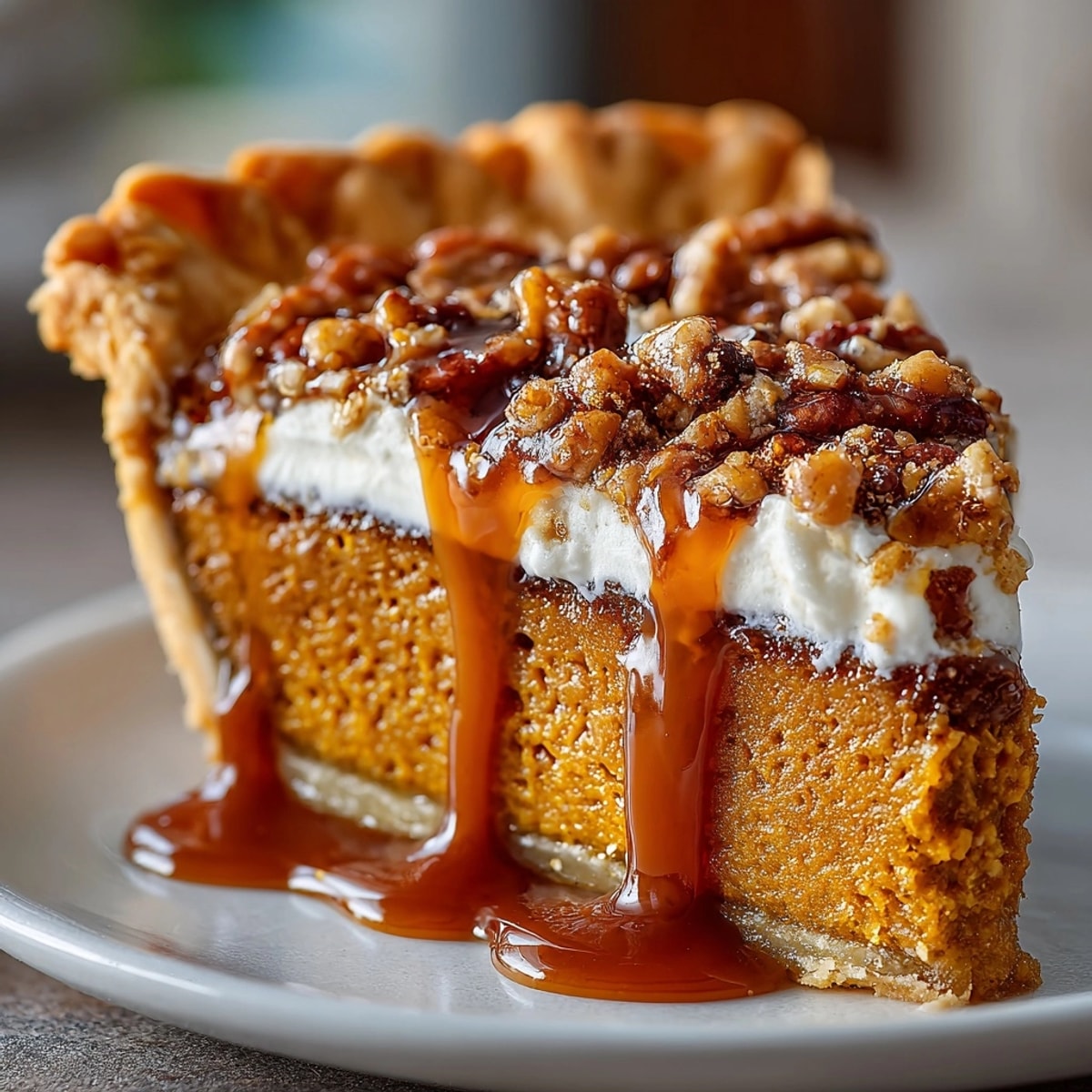 Homemade pumpkin pecan caramel pie with toasted pecans and glistening caramel drizzle on top.