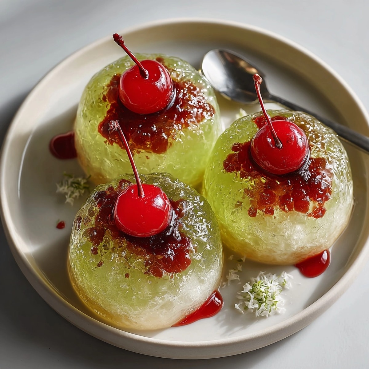 Layered Zombie Brain Gelatin Shots—lime green jelly, white liqueur, and dripping red grenadine.