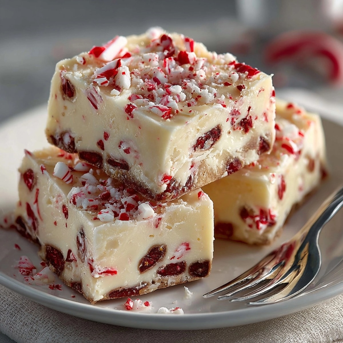Close-up of homemade Candy Cane Fudge, a sweet treat garnished with crushed peppermint.