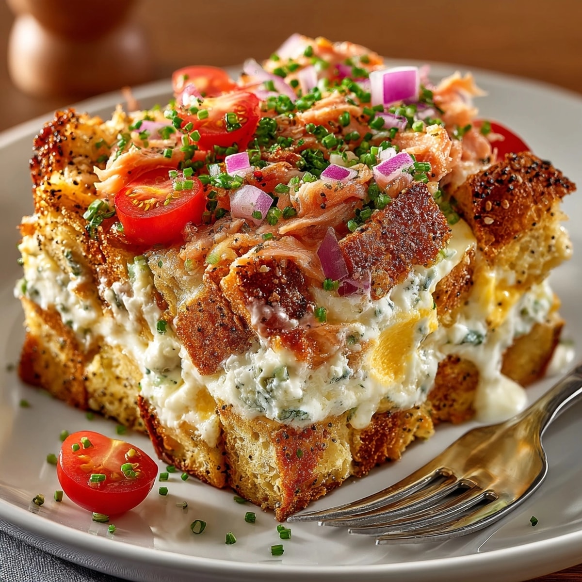 Warm, savory Everything Bagel Breakfast Casserole with melted cheese, ready to be served.