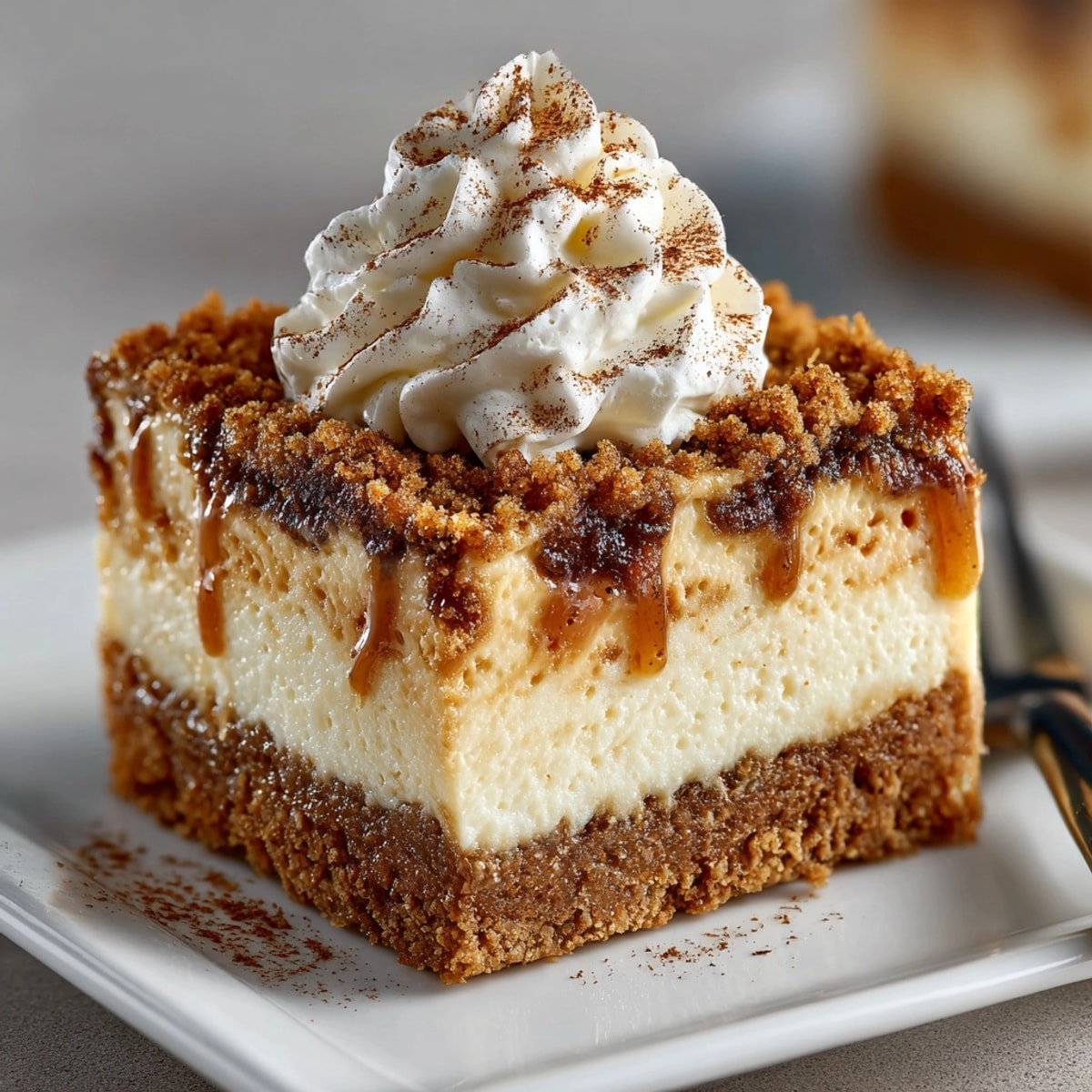 Golden-brown Gingerbread Cheesecake Bars, garnished with whipped cream, await holiday dessert lovers!