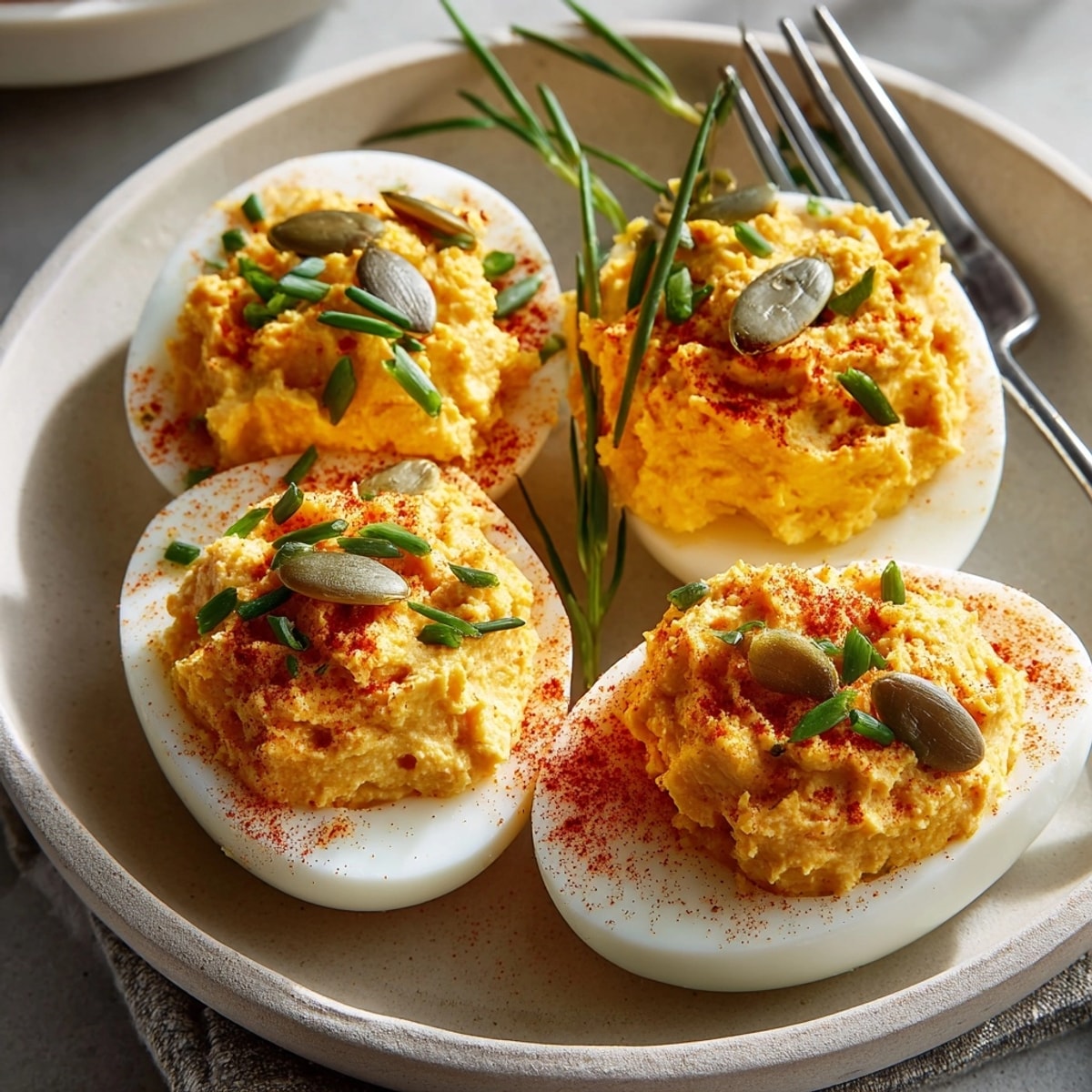 Creamy Pumpkin Deviled Eggs with Curry Spice, garnished and arranged beautifully on a platter.