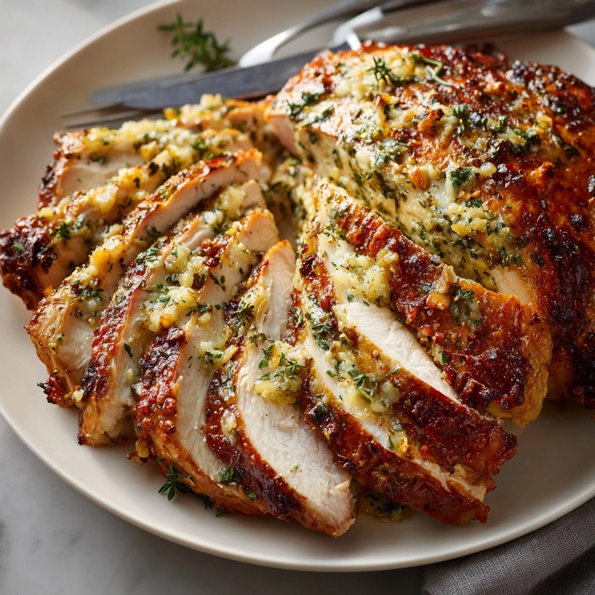 Golden-brown Herb Butter Roasted Turkey, glistening with pan juices, ready for Thanksgiving carving.