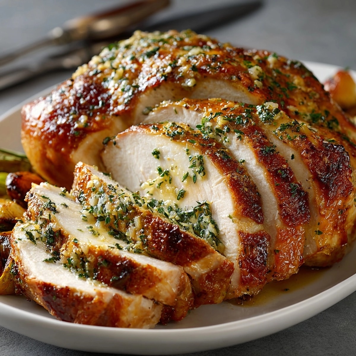 Aromatic Herb Butter Roasted Turkey fresh from the oven, inviting you to homemade holiday goodness.