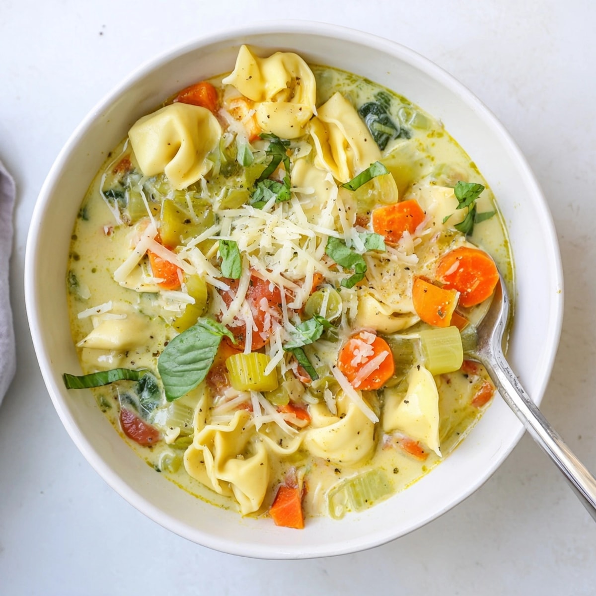 Creamy bowl of Healthier Slow Cooker Creamy Tortellini Soup, ready for garnish with fresh parsley.