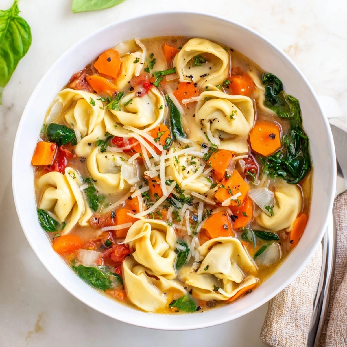Hot, steamy Healthier Slow Cooker Creamy Tortellini Soup in a rustic bowl, perfect for a chilly day.