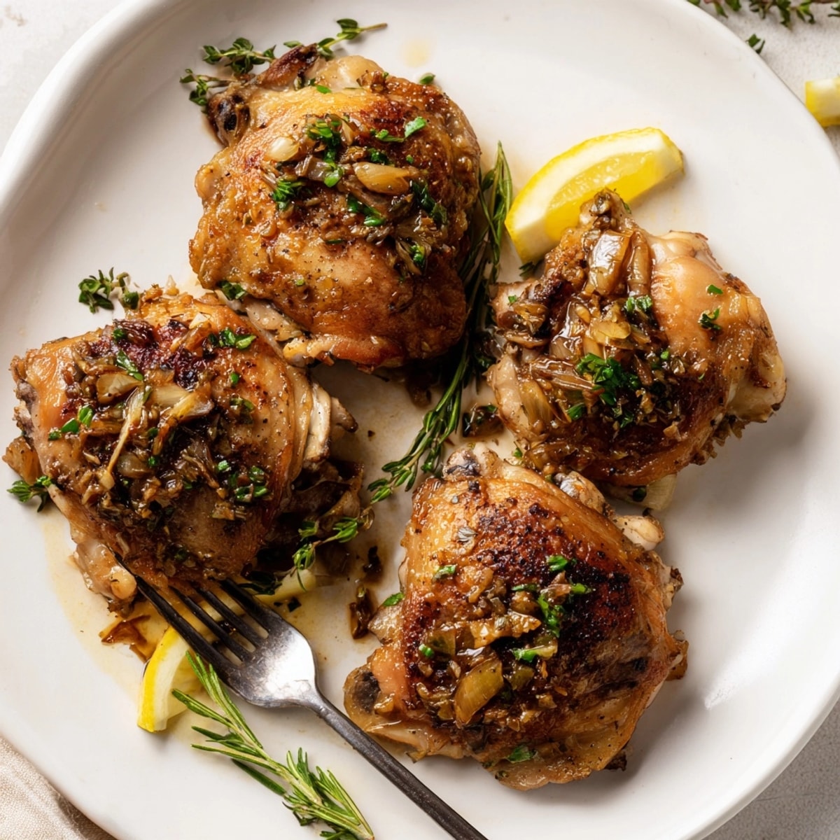 Savory Garlic Brown Butter Chicken Thighs recipe: crispy skin, rich sauce, served with lemon.