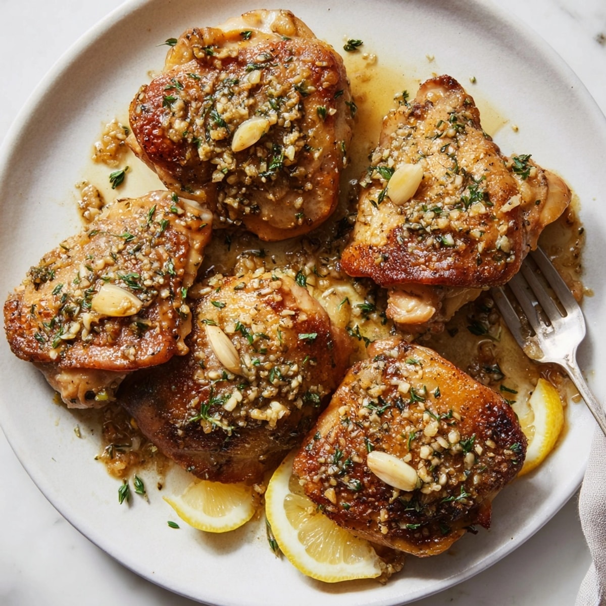 Juicy Garlic Brown Butter Chicken Thighs, aromatic herbs wafting, a flavorful gluten-free meal.