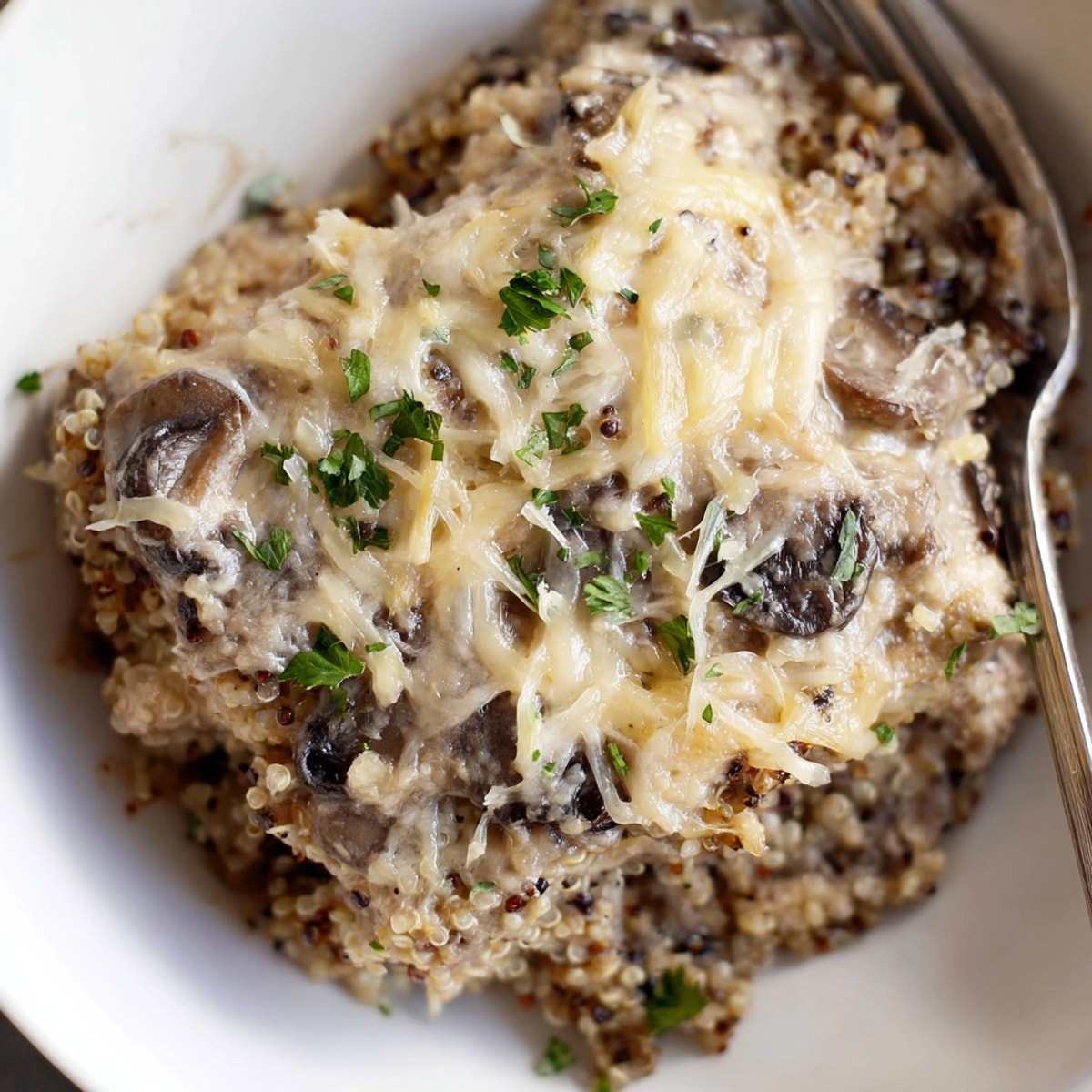 Close-up revealing cheesy, savory Alfredo Quinoa Mushroom Bake, warm and comforting goodness.