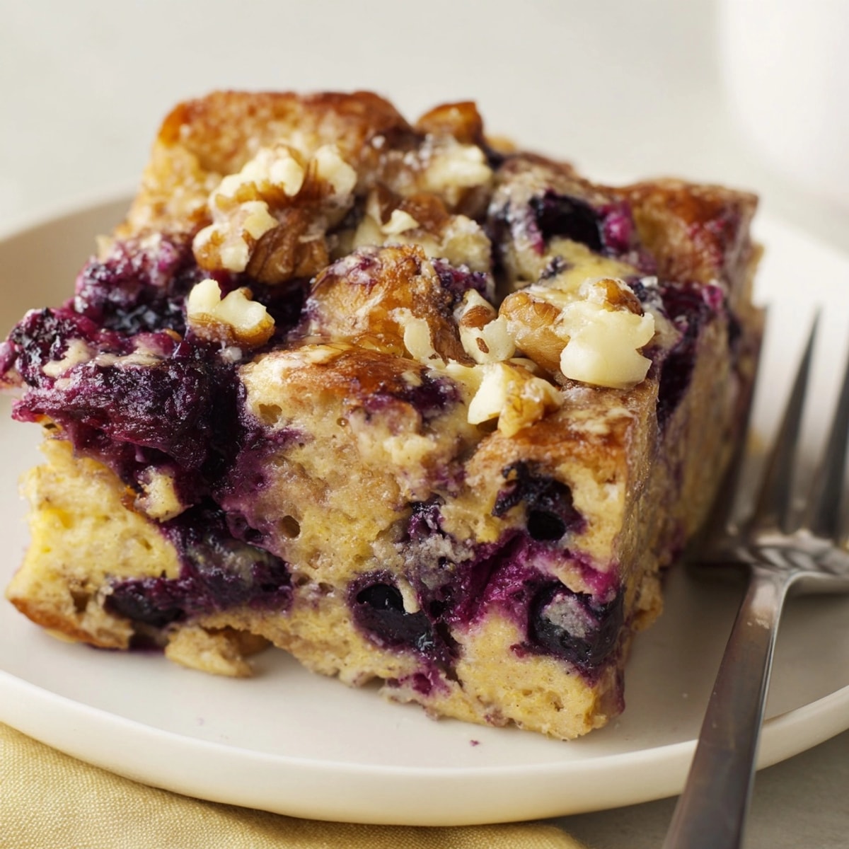 Golden Protein Blueberry French Toast Bake, fresh from the oven, smells richly spiced.