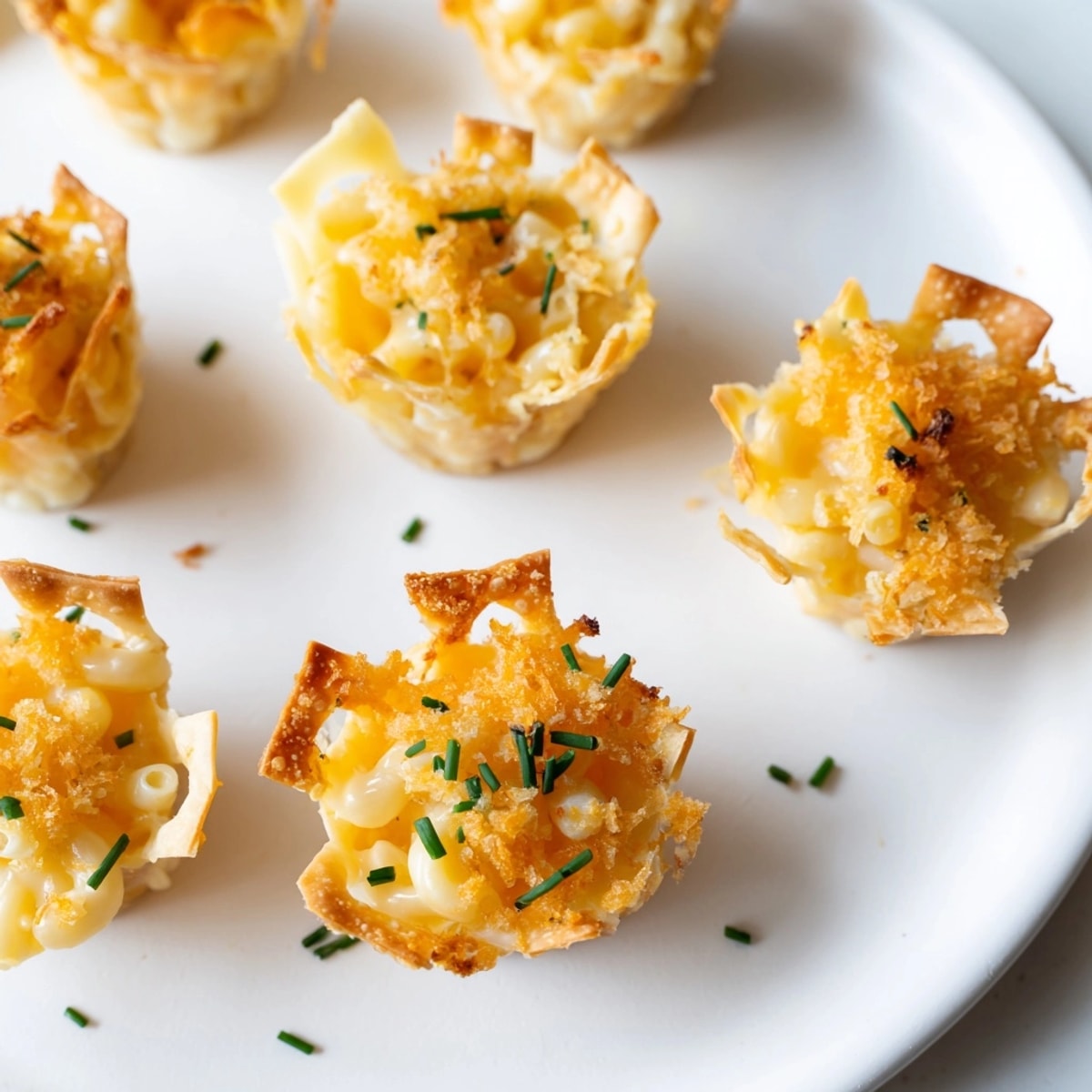 Bite-sized Mac and Cheese Crispy Wonton Cups, a comforting appetizer sprinkled with herbs.