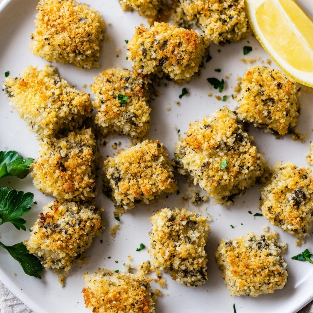 Homemade Garlic Herb Popcorn Chicken recipe, showing textured breading and juicy interior.
