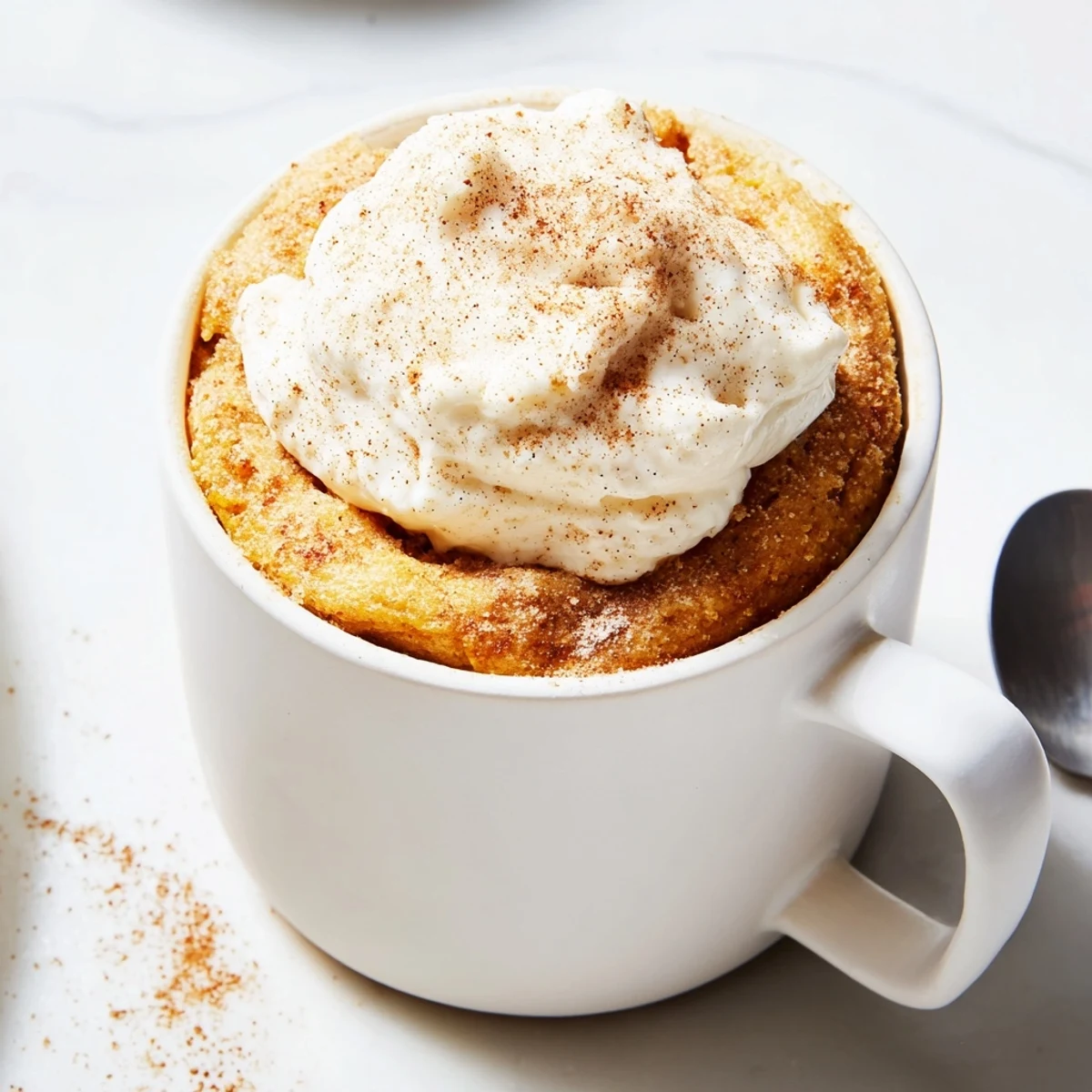 Creamy pumpkin muffin mug cake topped with sweet cream cheese frosting, perfect for fall.