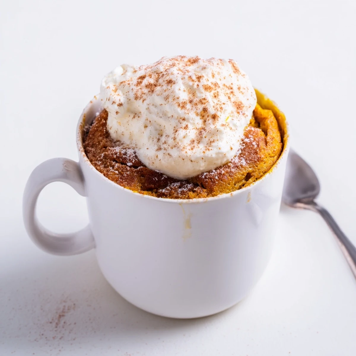 Moist and fluffy creamy pumpkin muffin mug cake, ideal for a cozy solo dessert.