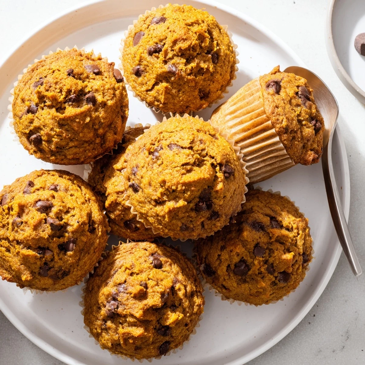 Delicious butterscotch pumpkin chocolate chip muffins served warm, perfect for cozy mornings.