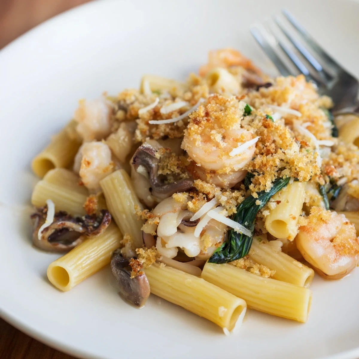 Golden Japanese Seafood Pasta Bake adorned with crispy panko and fresh parsley.  