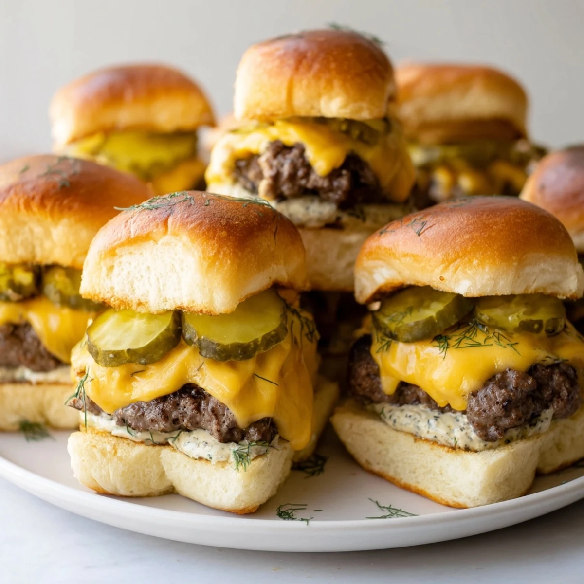 Juicy Dill Pickle Ranch Sliders with creamy ranch and zesty pickles on soft buns.