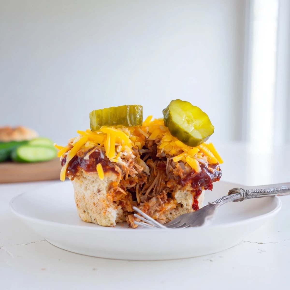 Savory BBQ Pickle Pulled Pork Muffins topped with cheese and dill pickle slices.  