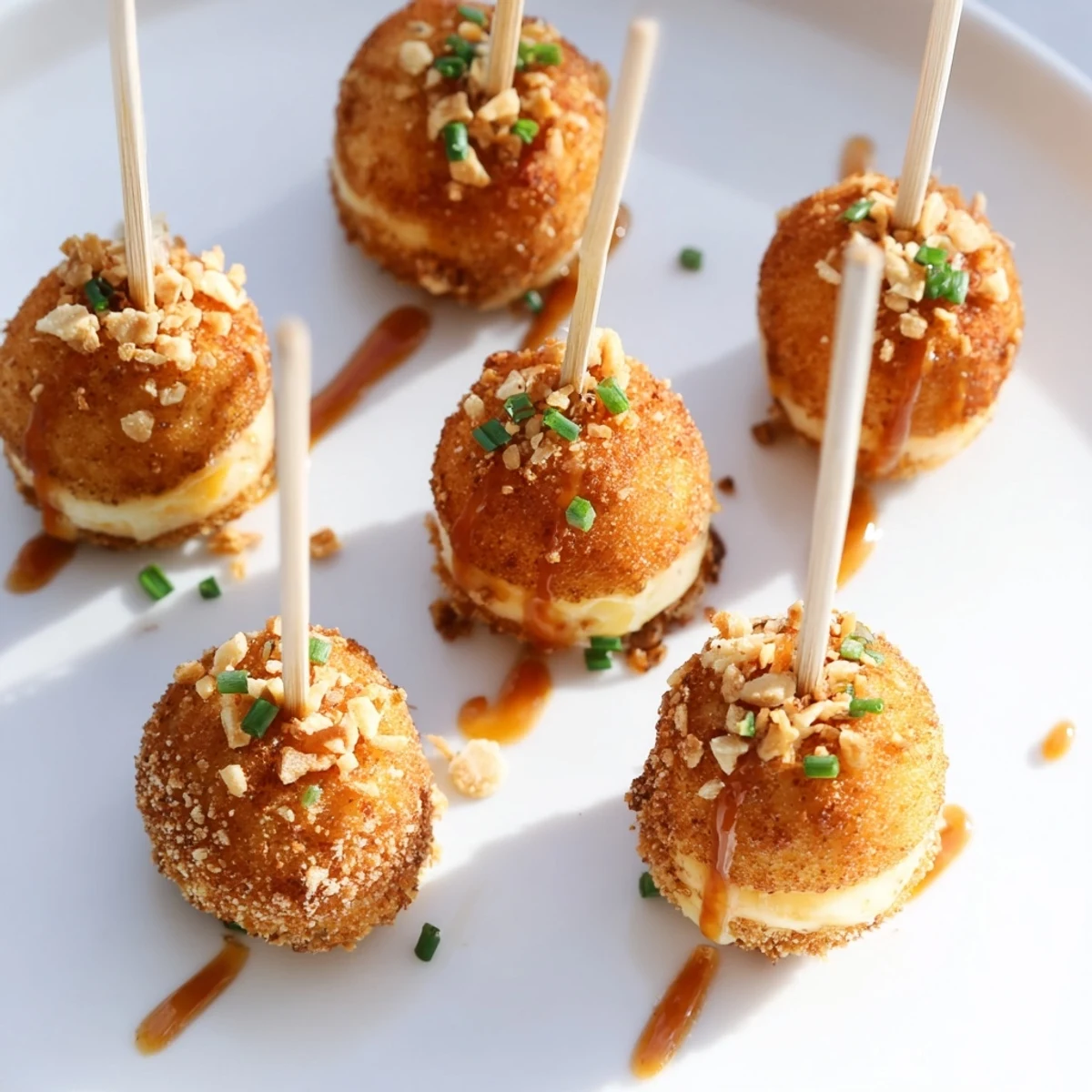 Cheesy Pretzel Buffalo Ranch Churro Cake Pancake Pops stacked on a plate, drizzled with spicy ranch.