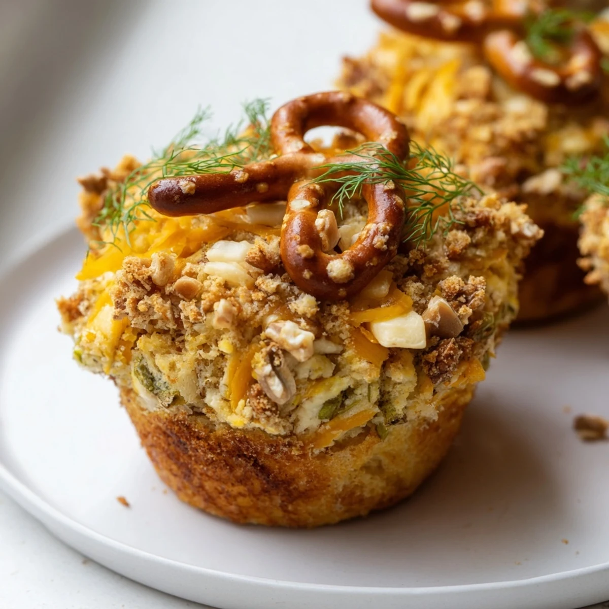 Savory dill pickle cream cheese pretzel muffins golden brown, topped with crunchy pretzels.  