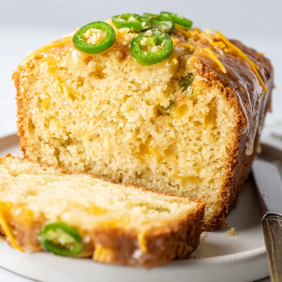 Enjoy a slice of Maple Ginger Cheesy Jalapeño Biscuit Muffin Loaf, rich and spicy.  