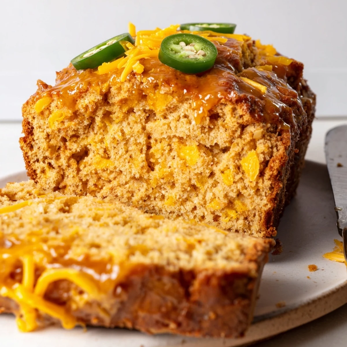 Delicious Maple Ginger Cheesy Jalapeño Biscuit Muffin Loaf topped with melted cheese and jalapeños.