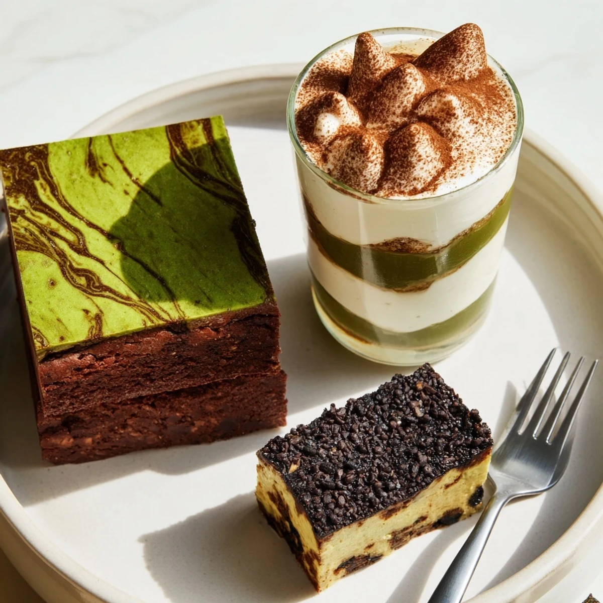 Decadent matcha-miso brownies topped with a fudge-like texture and rich chocolate.