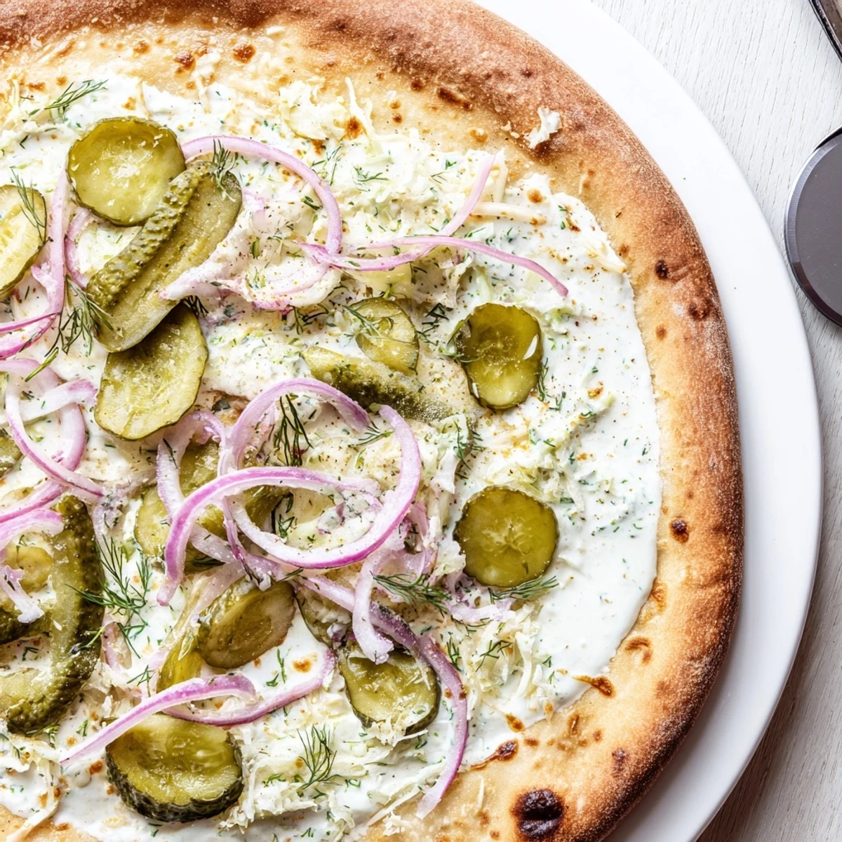 Deliciously unique Pickle Pizza topped with melted mozzarella and fresh dill garnish.  