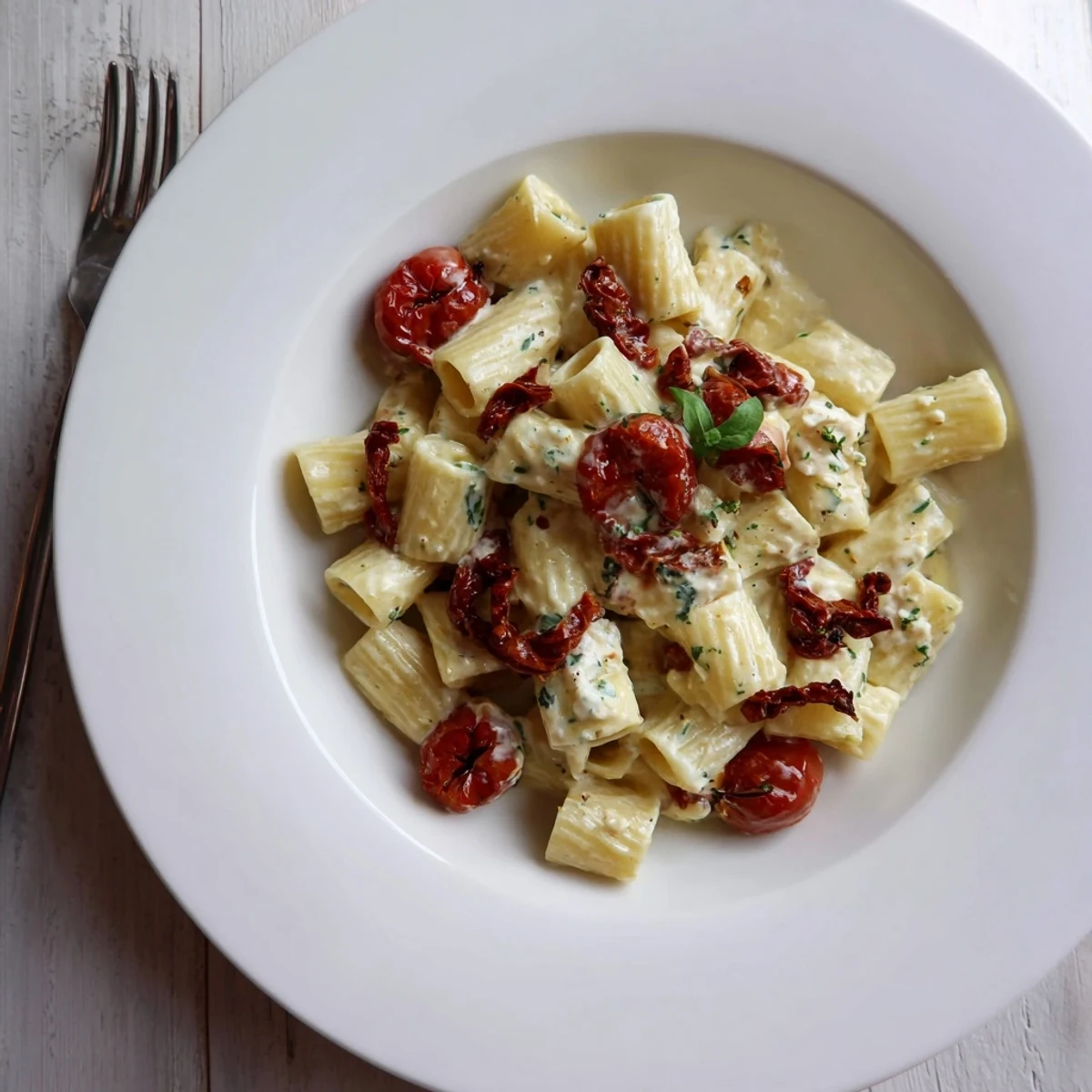 Creamy Baked Feta Pasta 2.0 with caramelised onions and sun-dried tomatoes, served warm.  