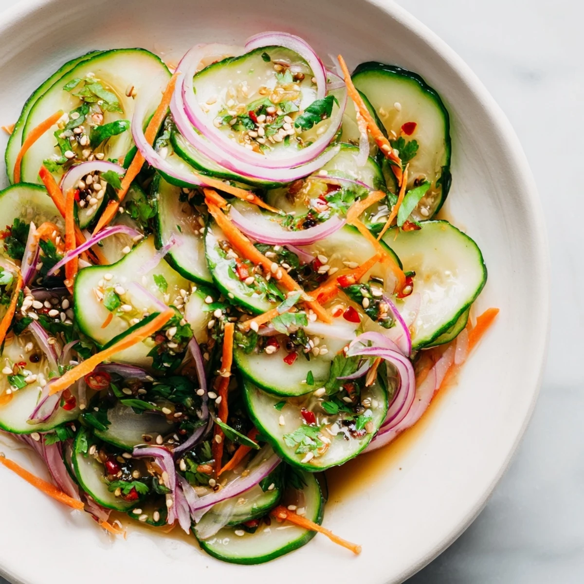 Savory cucumber salad remix featuring Asian flavors and vibrant vegetables served chilled.