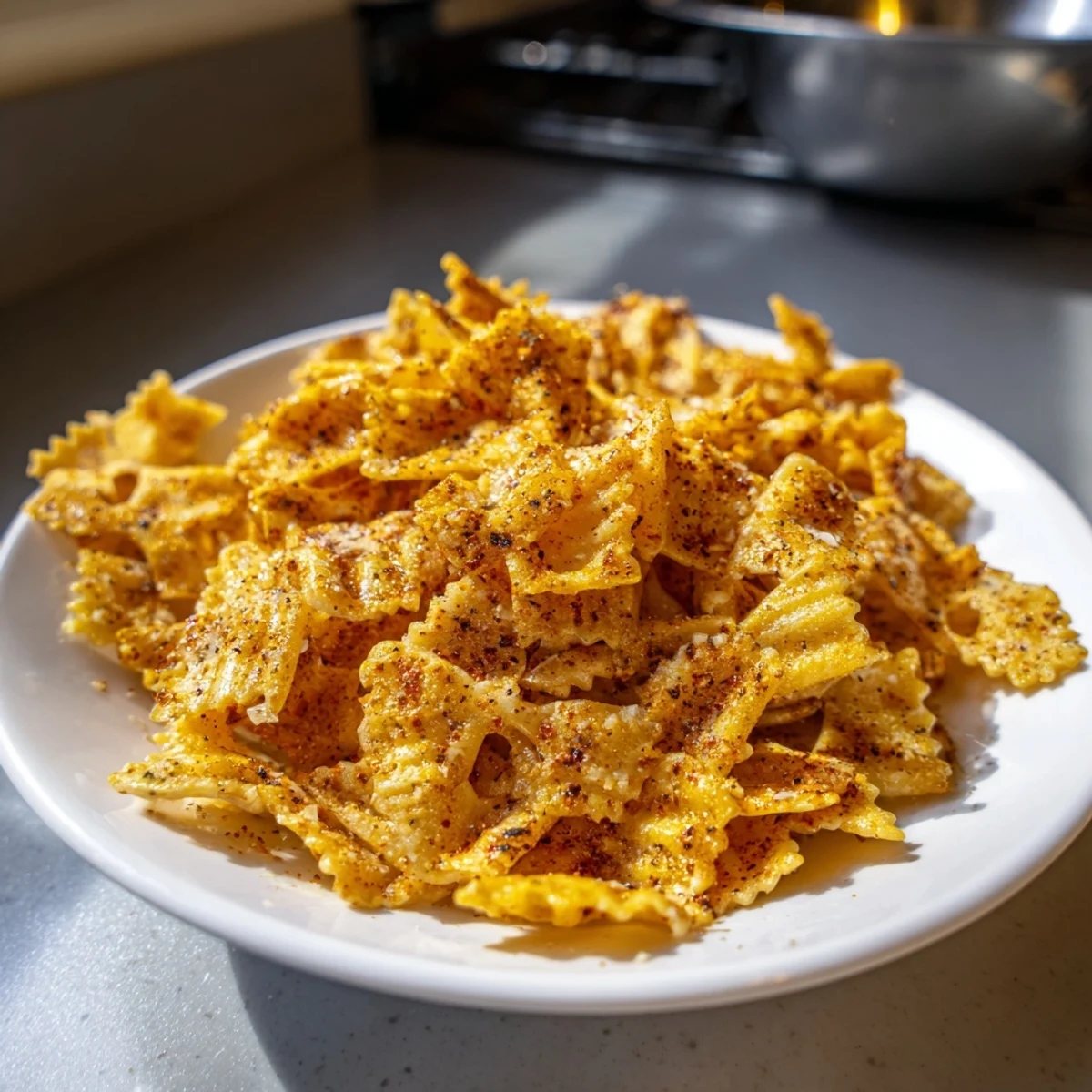 Crispy pasta chips seasoned variety, perfect for snacking with zesty dips.  
