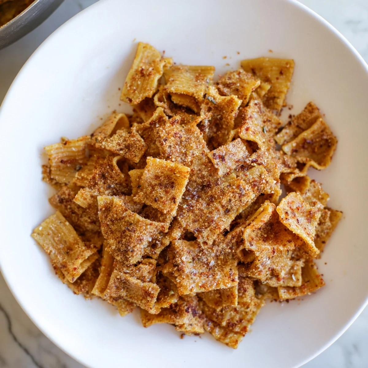 Golden baked pasta chips seasoned with garlic and paprika, ideal for gatherings.  