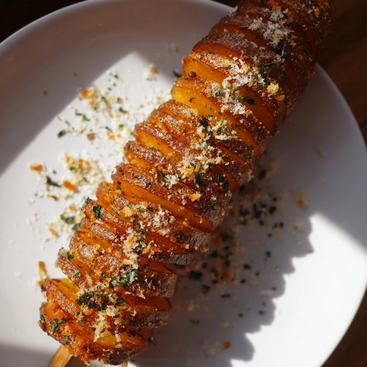 Crispy air-fryer tornado potatoes drizzled with olive oil and garlic seasoning.  