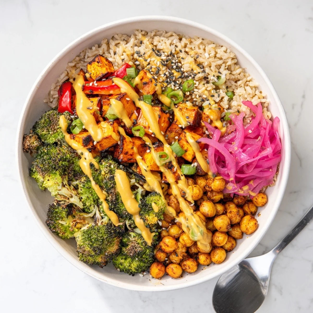 Vibrant Bold Sauce Drizzle Bowls with roasted veggies and miso-butter sauce.  