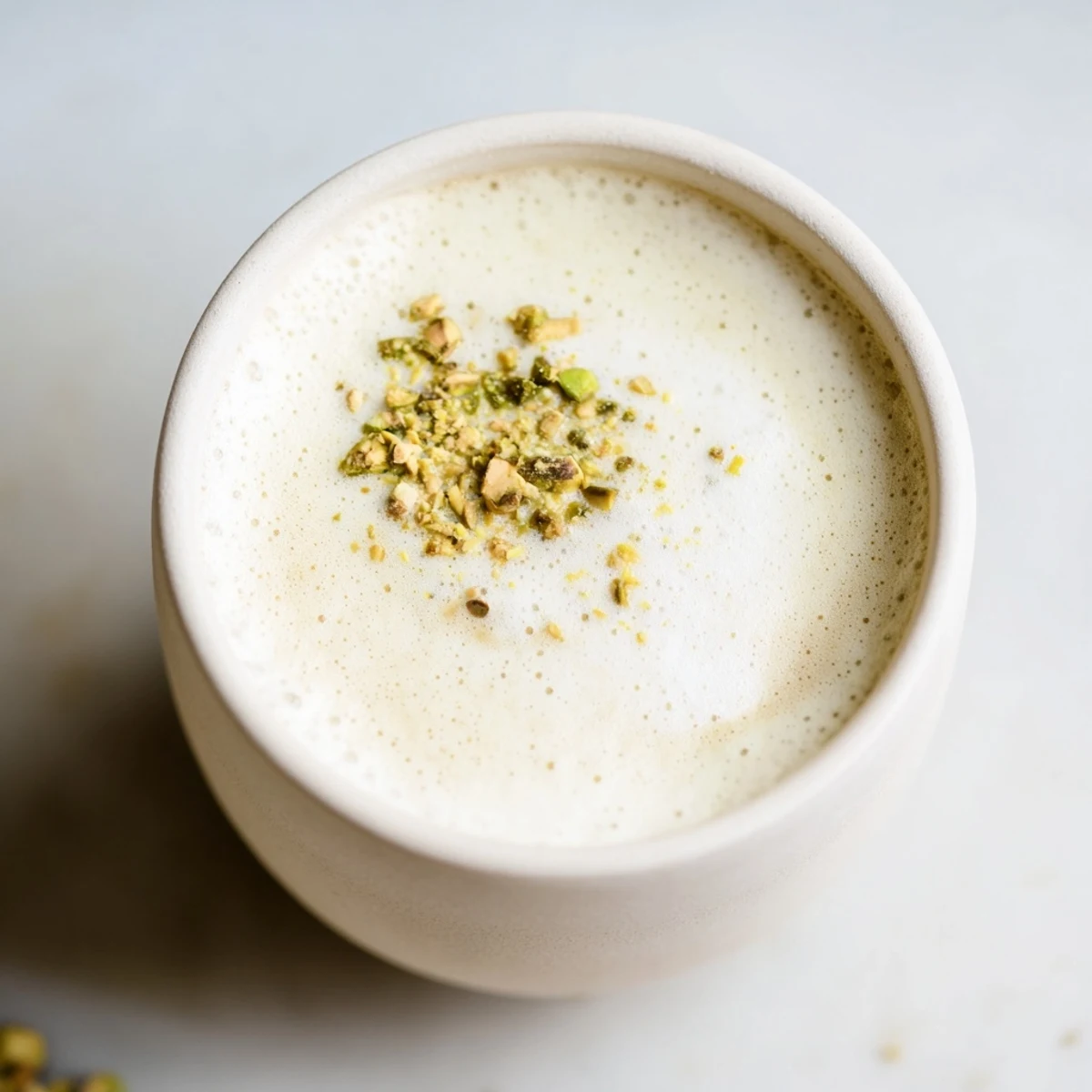 Creamy pistachio milk latte topped with crushed pistachios for a delightful twist.  