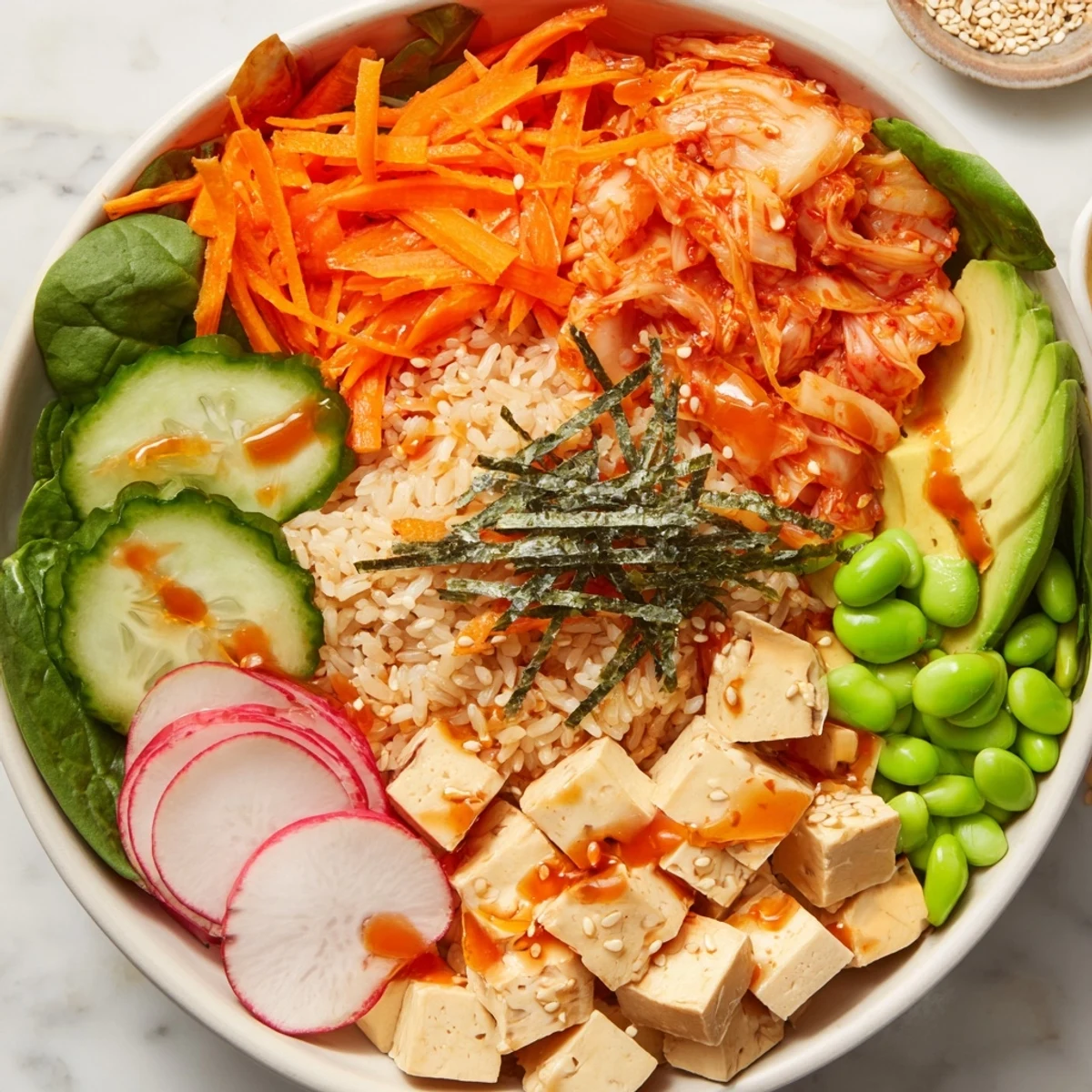 A vibrant fermented vegetable bowl filled with tangy kimchi and fresh greens.  