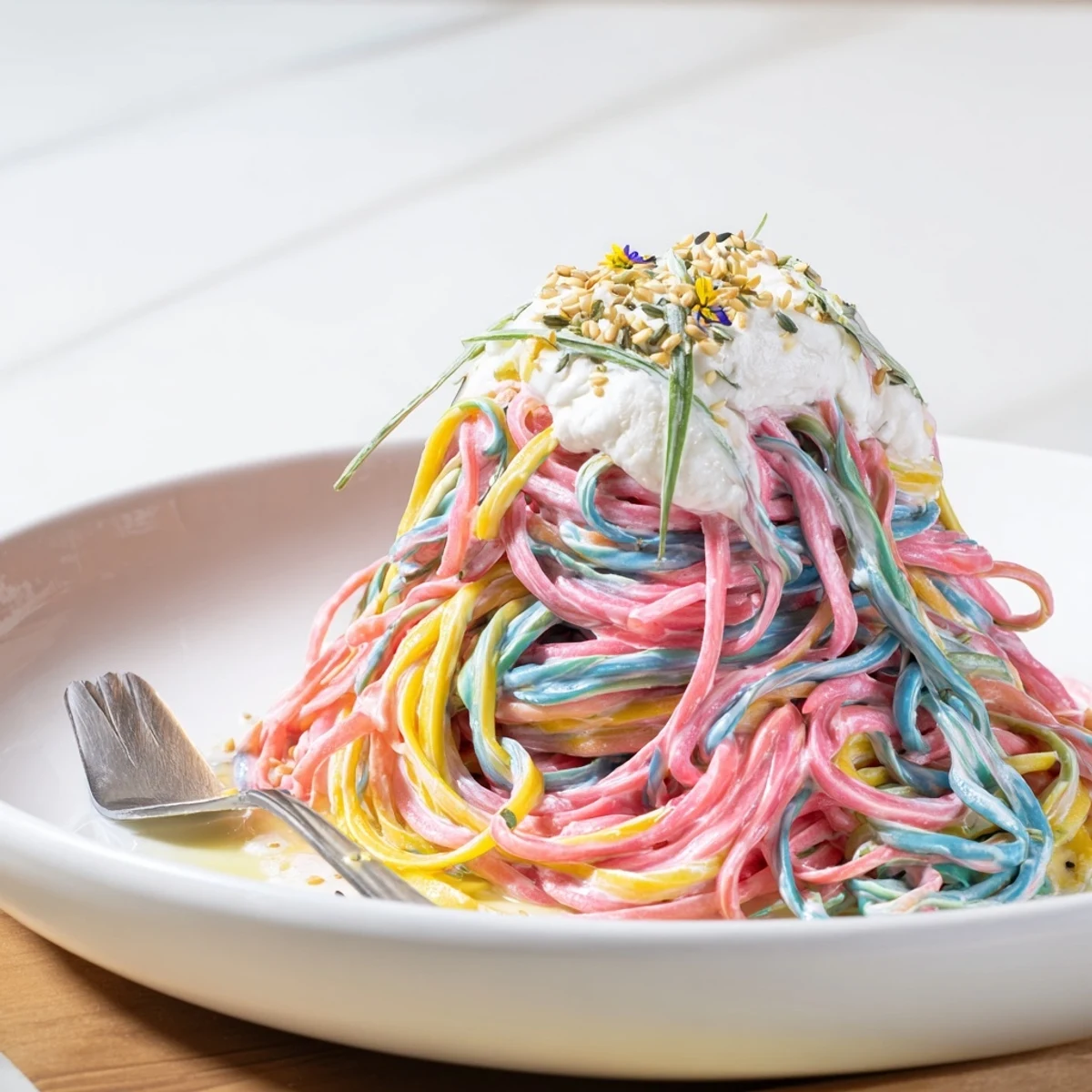 Whimsical Neon Noodle Cloud dish, vibrant noodles in a soft, dreamy white sauce.  
