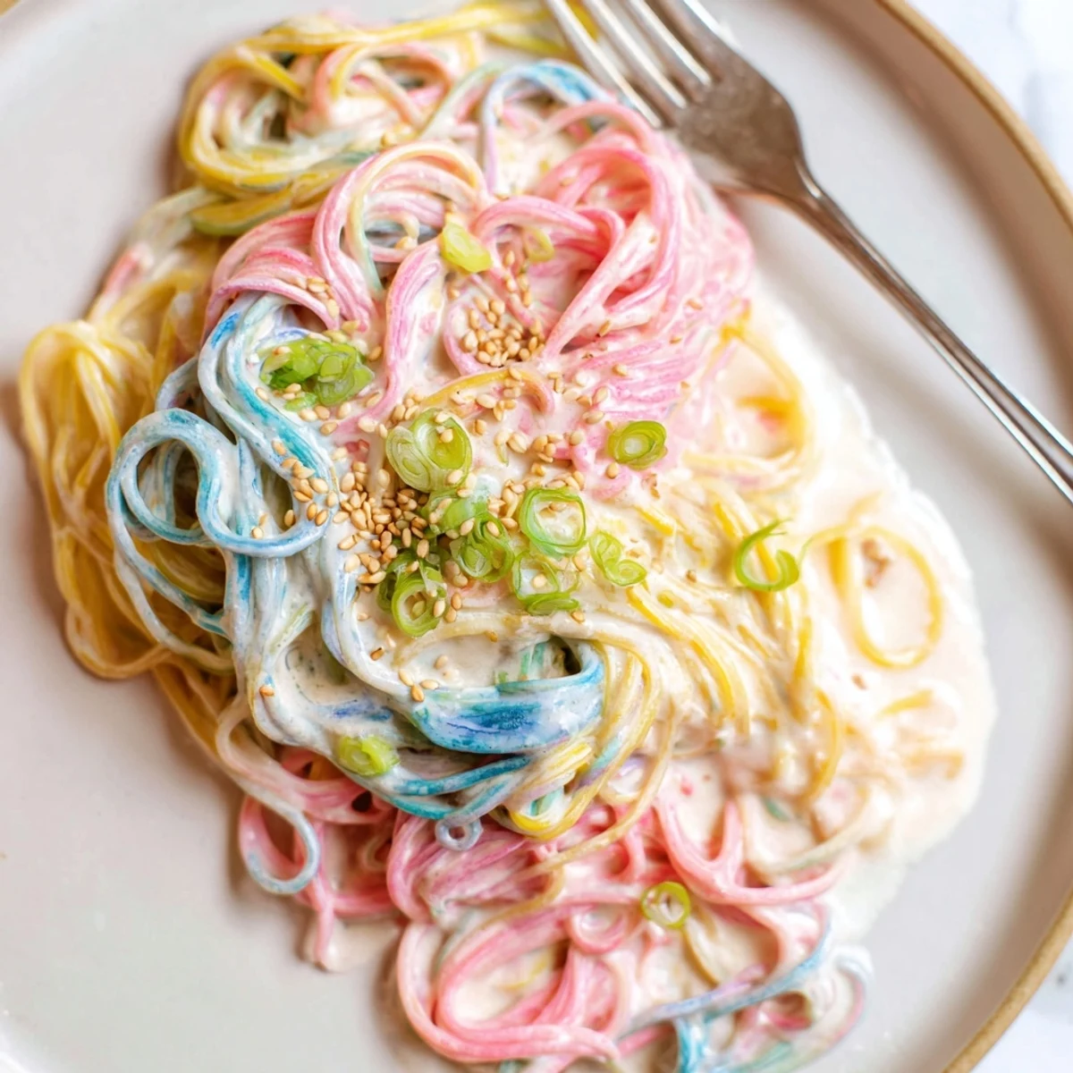 Delicious Neon Noodle Cloud topped with edible flowers and toasted sesame for flair.
