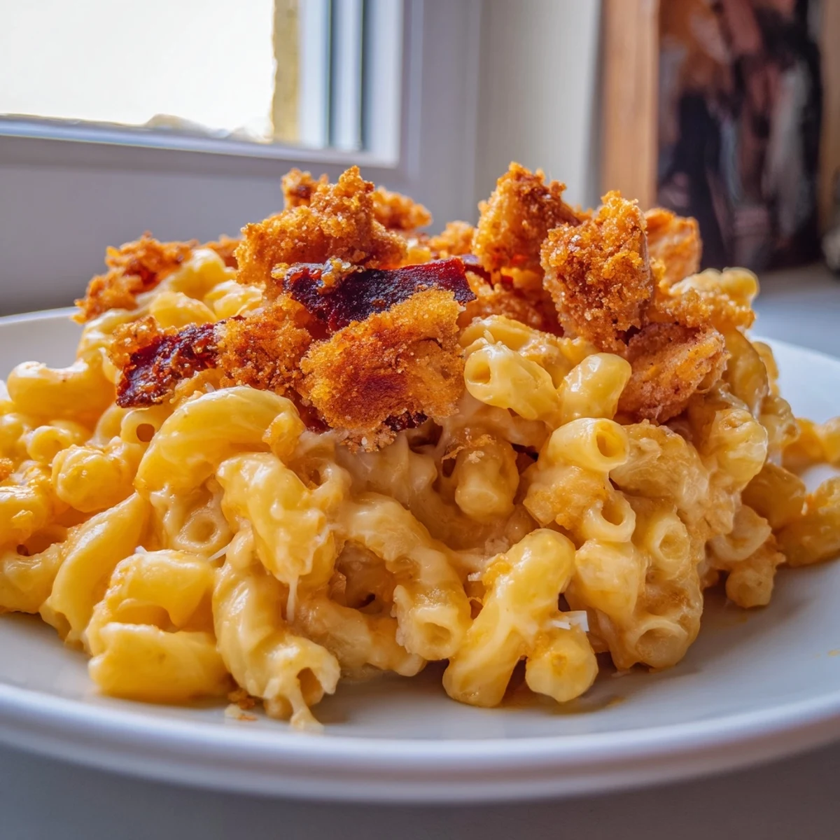 Creamy Classic Mac & Cheese with BBQ Chicken, topped with crispy panko breadcrumbs.